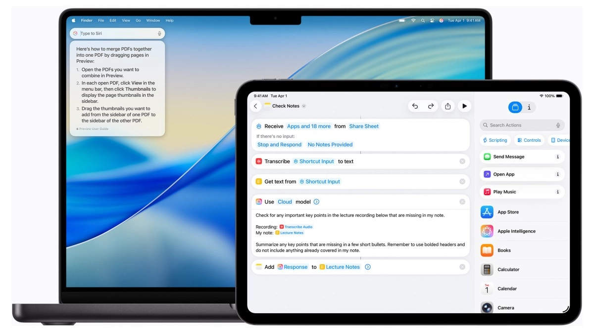 Apple devices showing AI features and shortcuts.