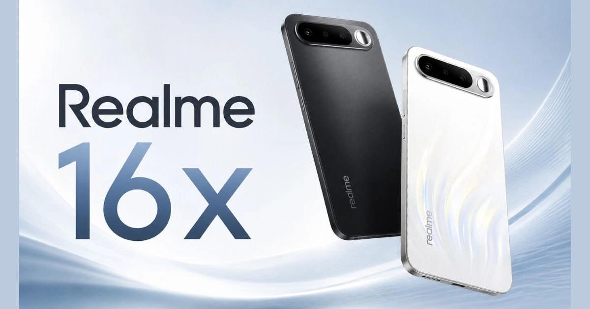 Realme 16x smartphone in black and white.