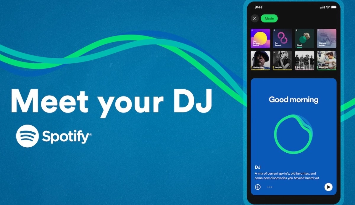 Spotify DJ feature showing music mixes and personalized playlists.