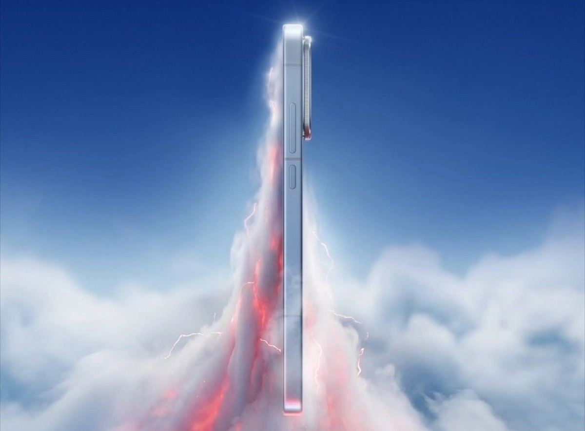 iQOO 15T smartphone side profile against stormy sky.