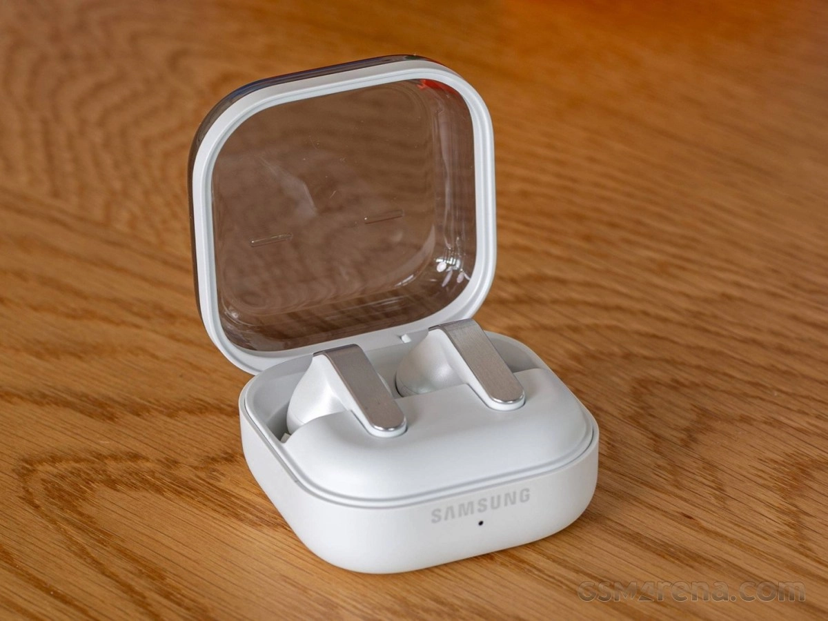 Samsung Galaxy Buds with open charging case.