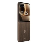 Motorola Razr 70 smartphone with wooden texture.