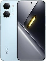 Light blue Poco phone with dual rear cameras.