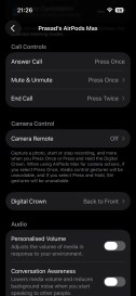 AirPods Max settings for call, camera, and audio