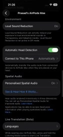 AirPods Max spatial audio and noise reduction settings.