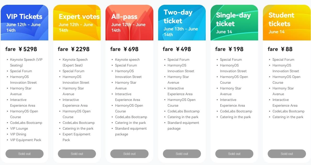 Huawei conference ticket prices and packages displayed.