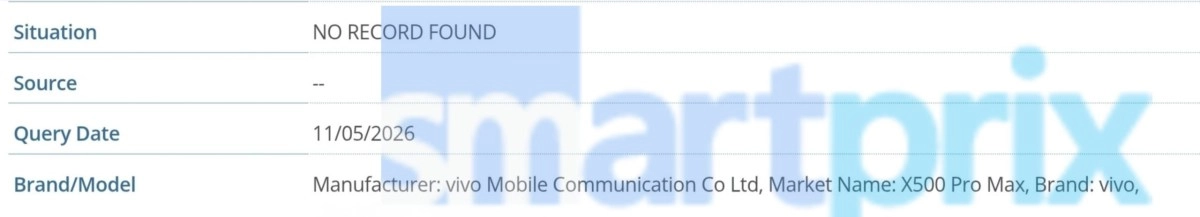 vivo X500 Pro Max listing details, no record found