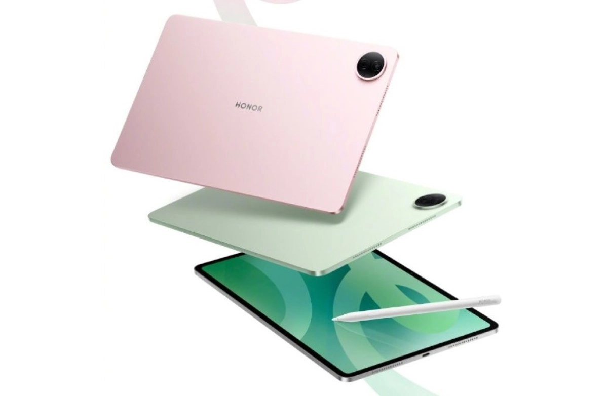 Honor Pad 20 design, pink and green colors, stylus
