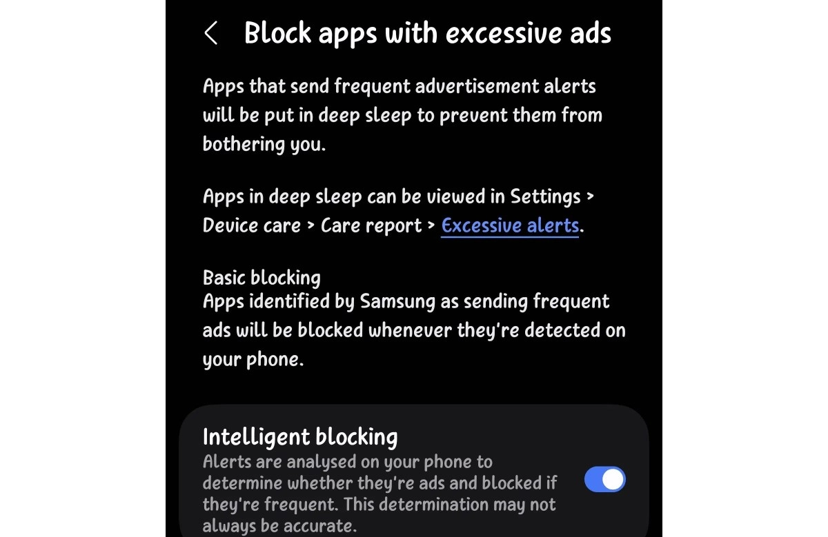 Samsung blocks apps with excessive notifications.