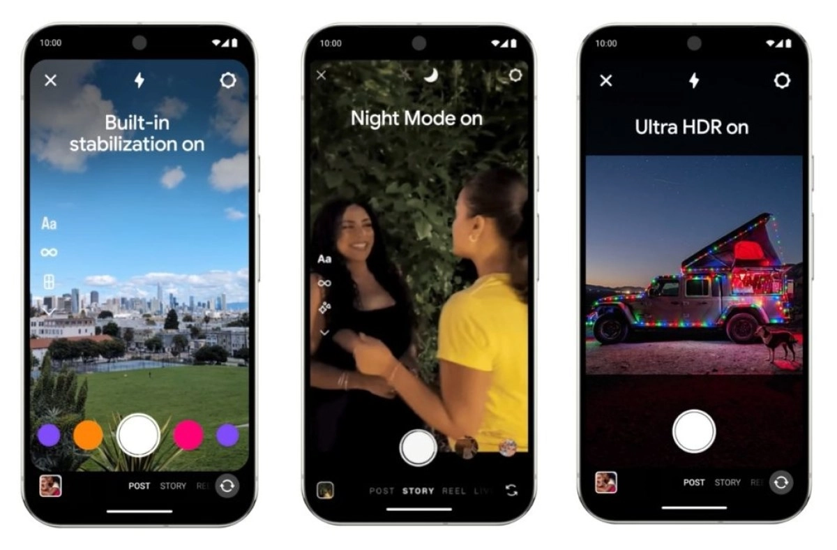 built-in stabilization, night mode, Ultra HDR.