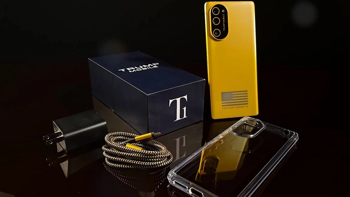 Trump T1 Phone, box, charger, cable, clear case.