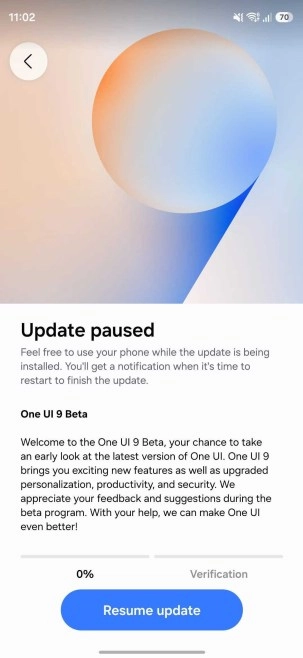 Samsung One UI 9 beta update paused screen