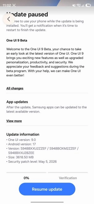 Samsung One UI 9 Beta based on Android 17.