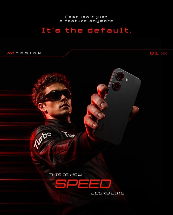 Redmi Turbo 5 held by man, black background.
