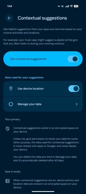 Android Contextual suggestions settings screen for Pixel