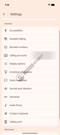 Android dialer settings with calling accounts highlighted.