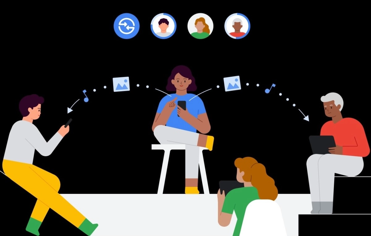 Illustration of people sharing files between devices.