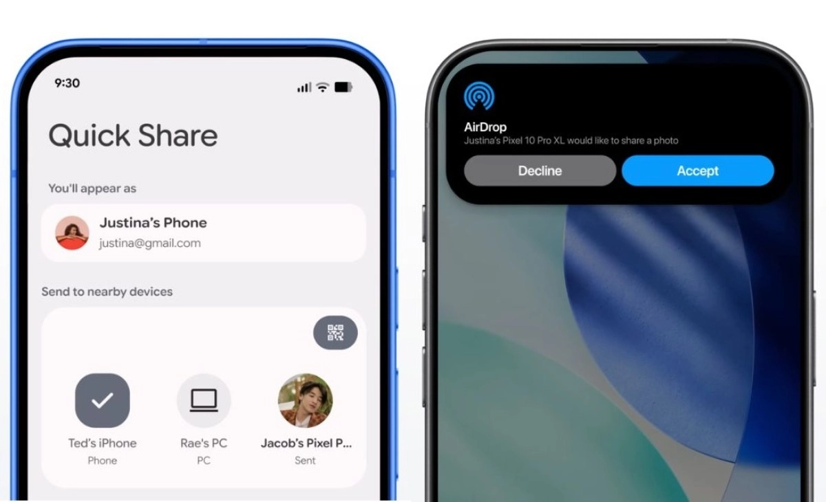 Android Quick Share and iOS AirDrop interfaces shown