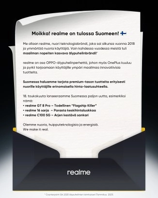 Realme announcement for Finnish market with three devices.