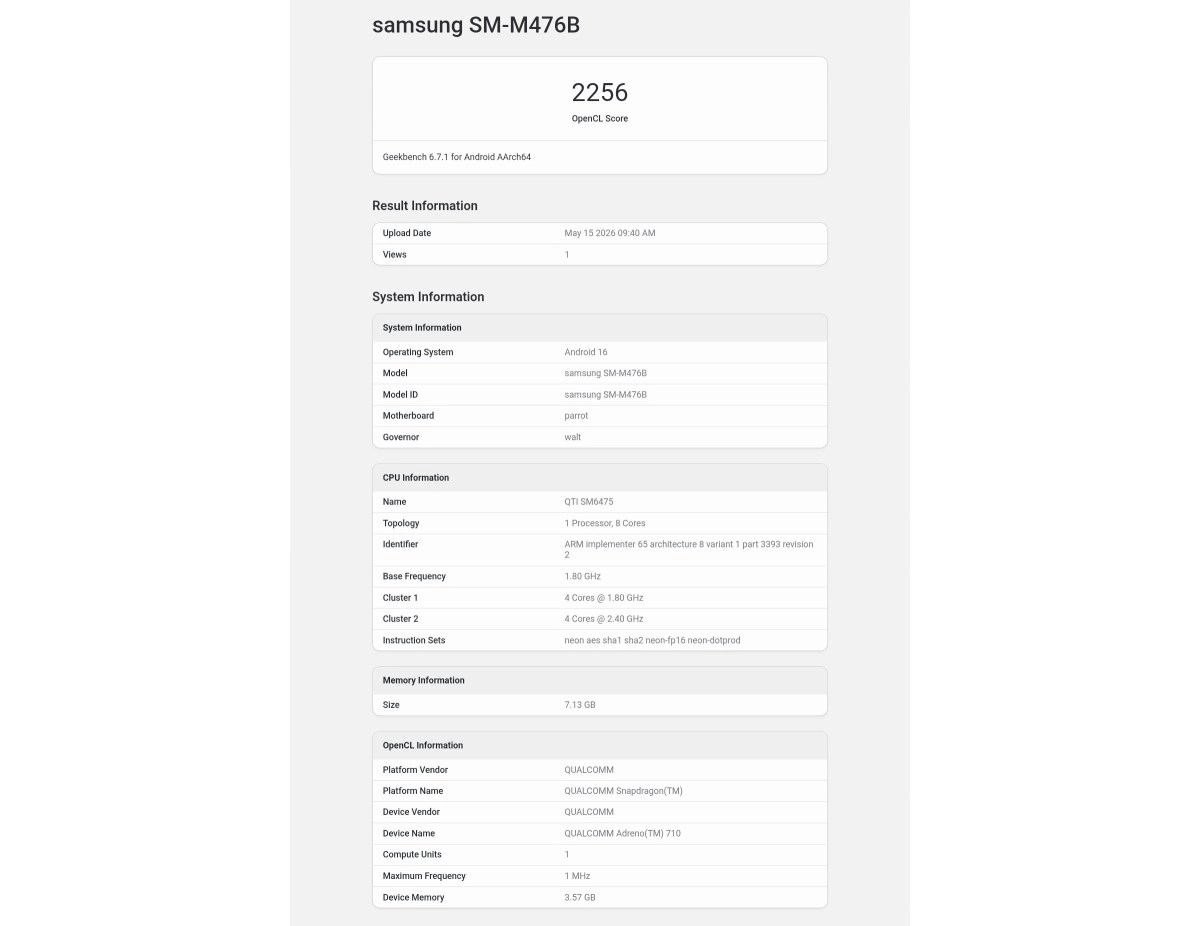 Samsung M476B Geekbench score and chipset revealed.