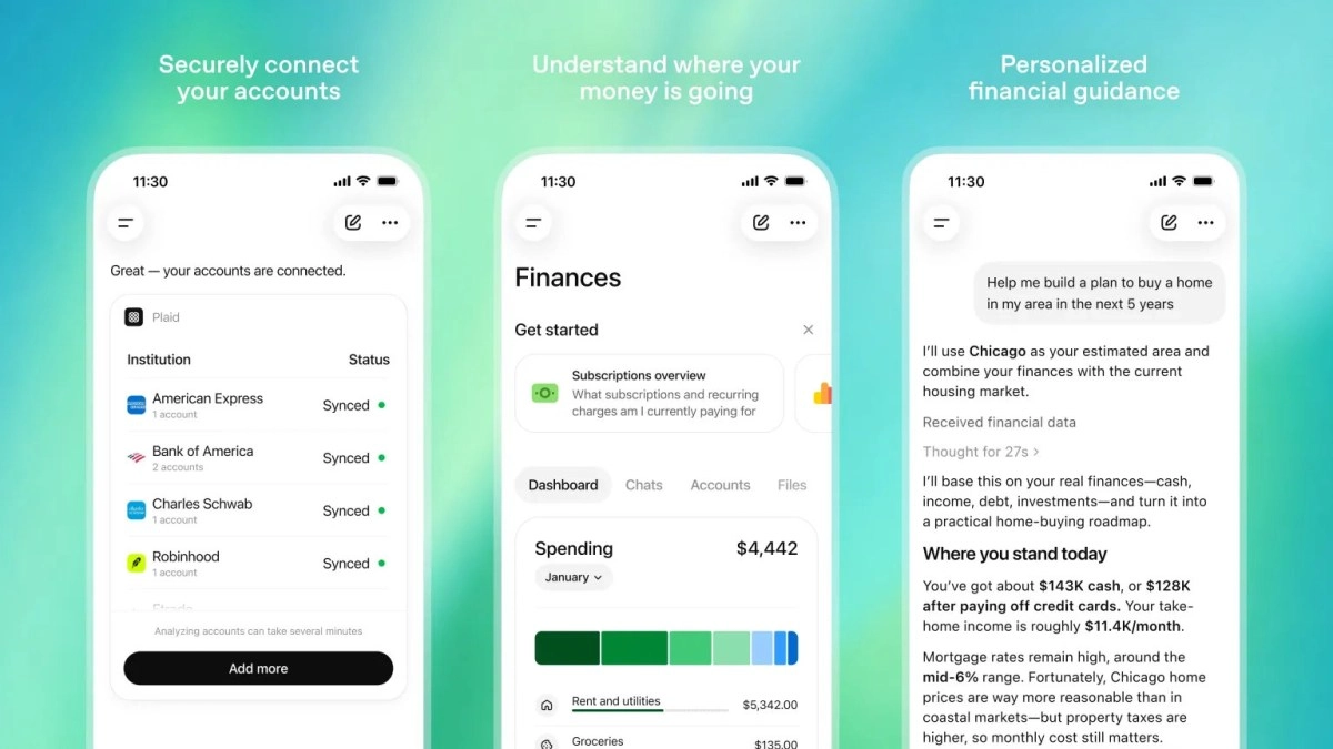 ChatGPT Finance app shows connected bank accounts.