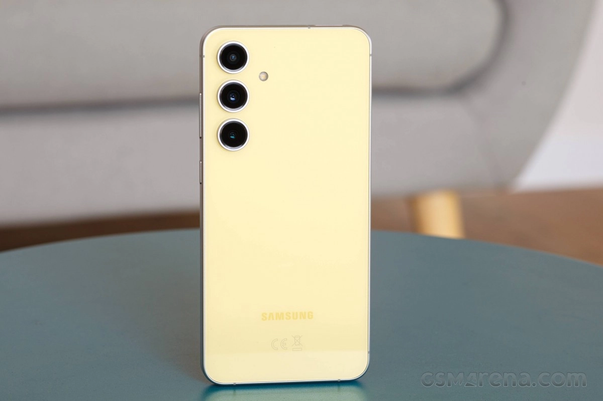Yellow Samsung S24 phone with triple camera