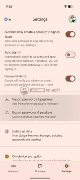 Google Password Manager passkey import/export settings screen.