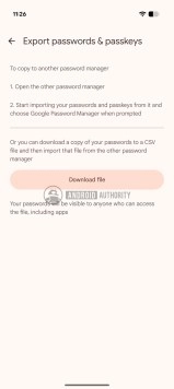 Google Password Manager export screen with download button.