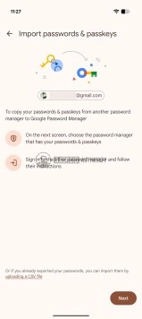 Google Password Manager import screen shows passwords and passkeys.