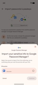 Android Google Password Manager imports passkeys from Bitwarden.