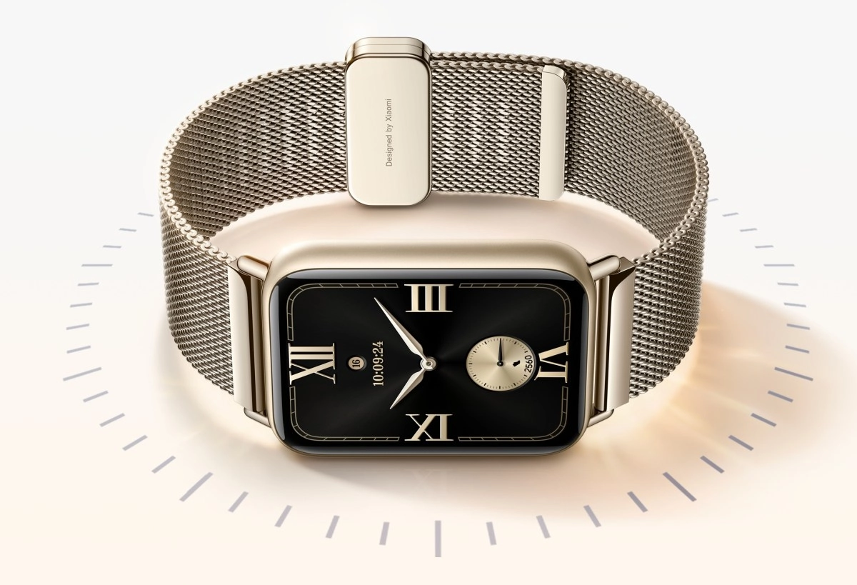 Xiaomi smartwatch with Roman numerals and mesh band.