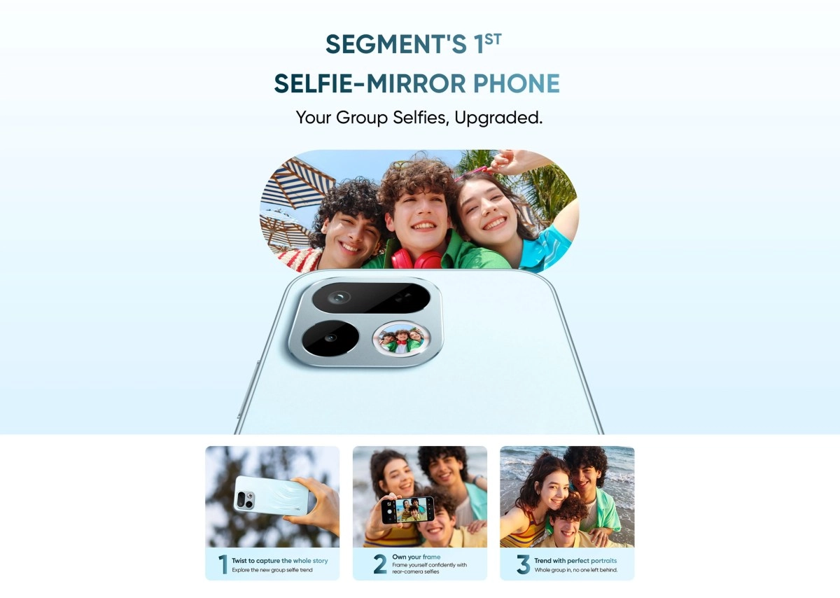 Realme 16T selfie-mirror phone with group selfies.