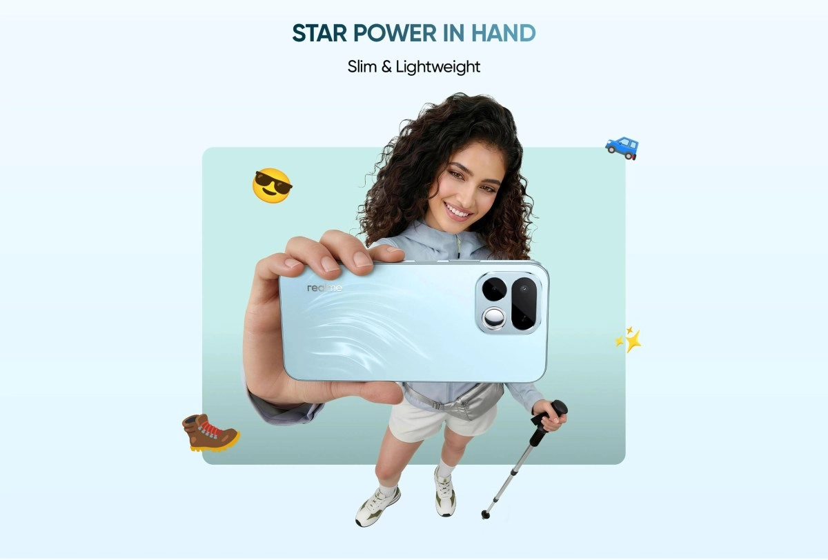 Realme 16T smartphone held by a smiling woman.
