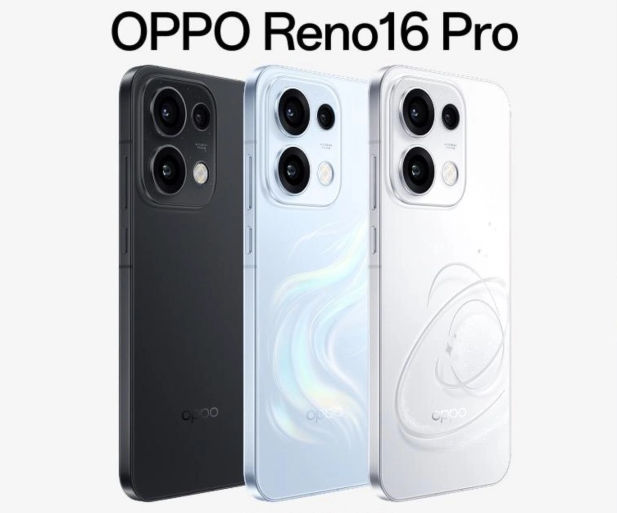 OPPO Reno16 Pro in three colors displayed.