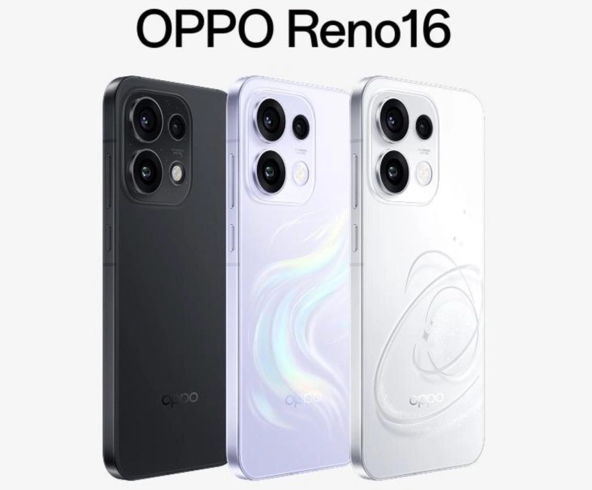 Oppo Reno16 series phones in black, purple, white