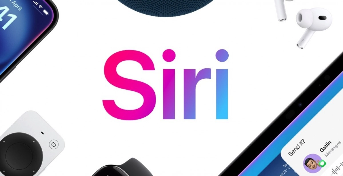 Siri logo with Apple devices and iOS 17 UI