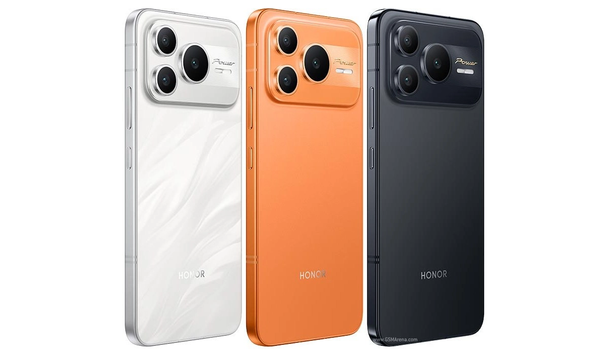 Honor Power3 smartphones in white, orange, and black.