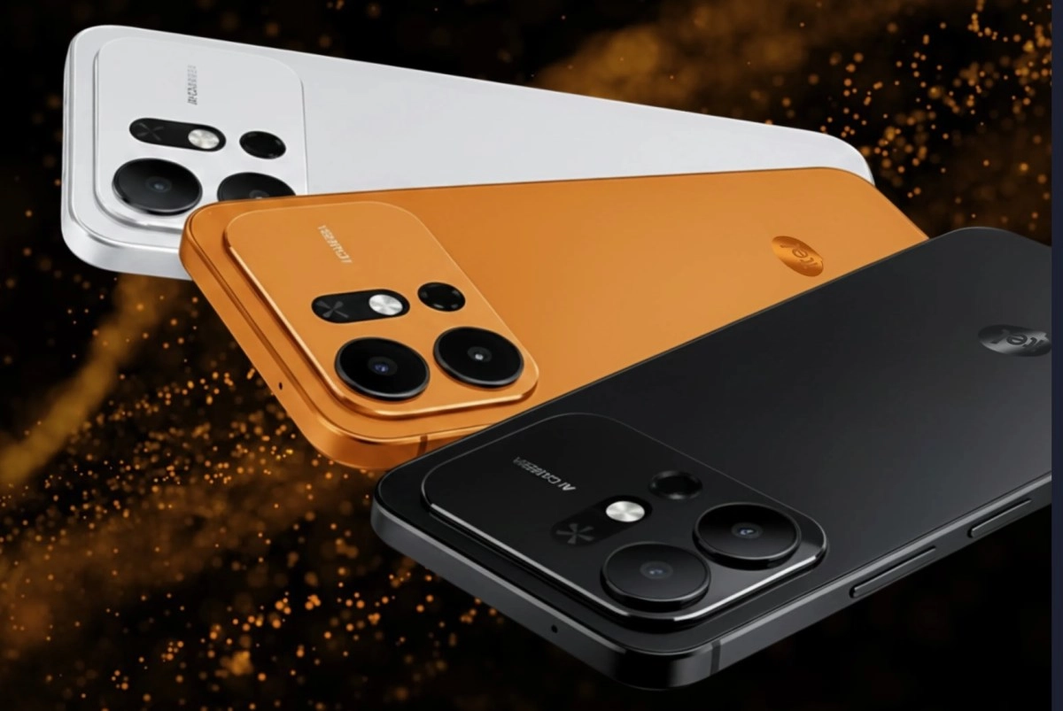 Itel A100 Pro phones in white, orange, black