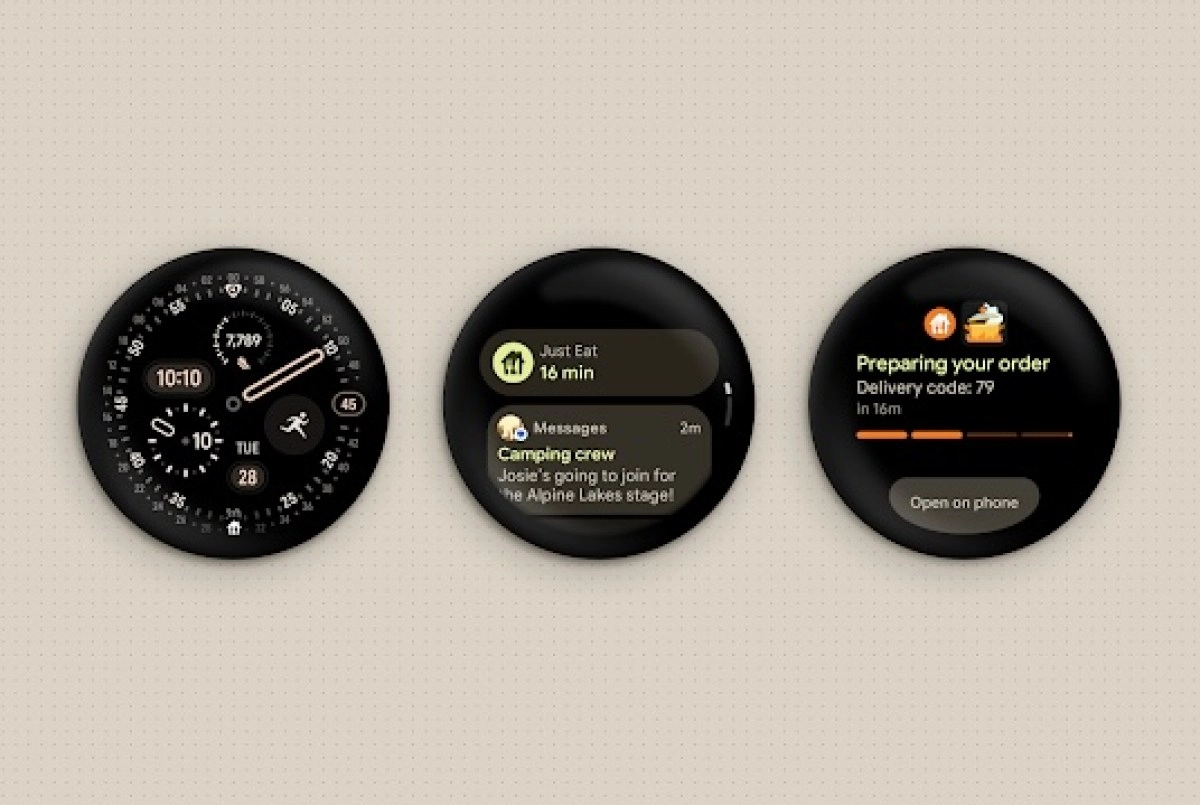 Wear OS 7 watch faces with widgets and notifications.
