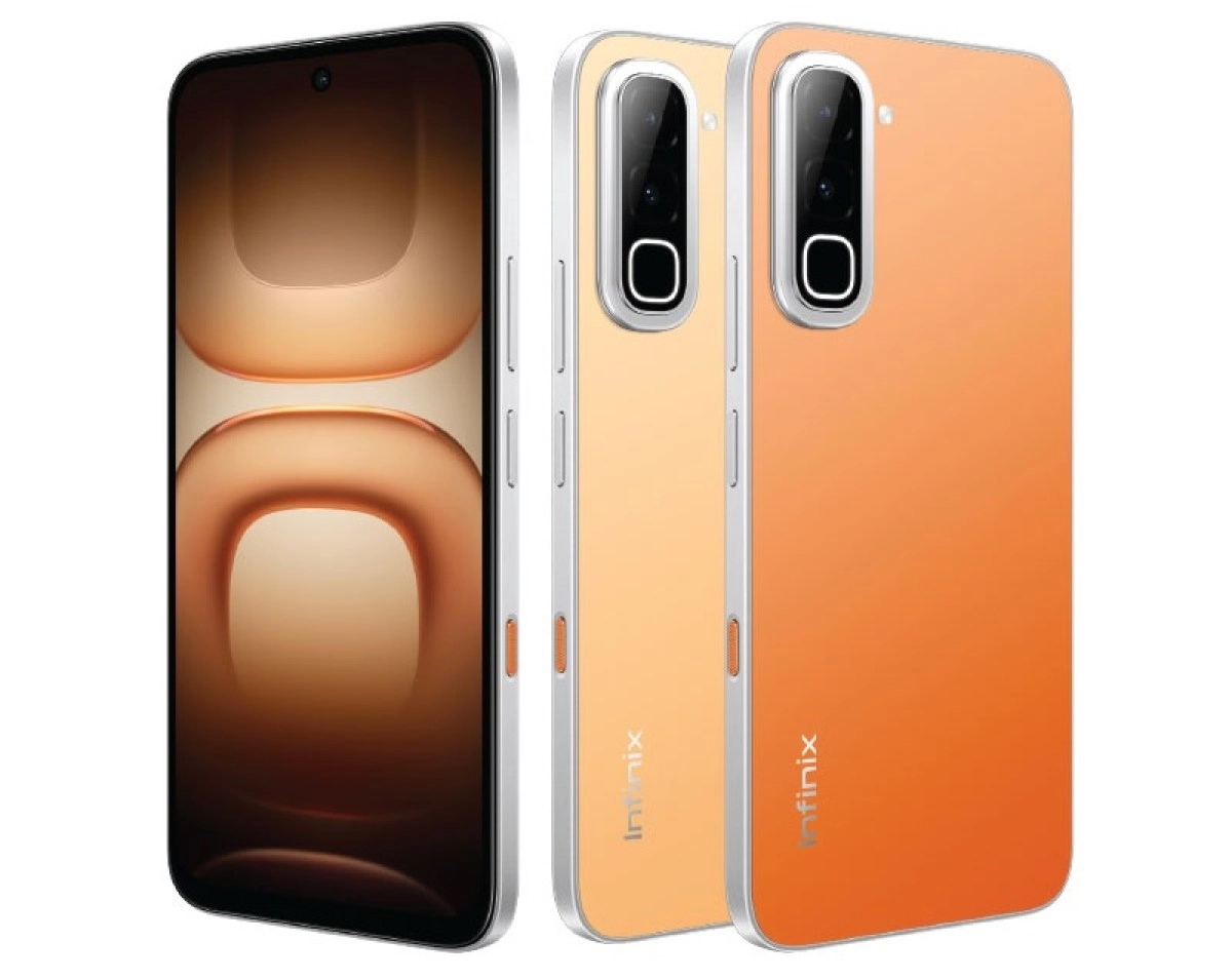 Infinix Hot 70 phones, orange and peach.