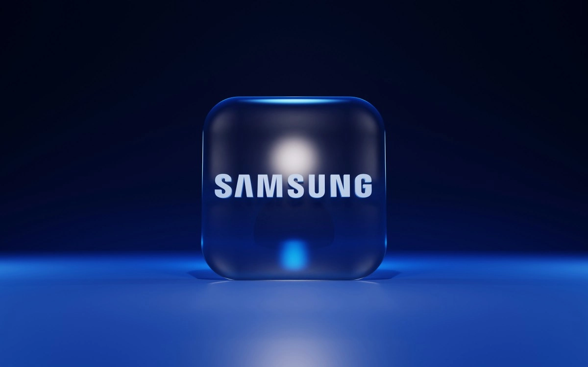 Samsung logo on a dark blue background.