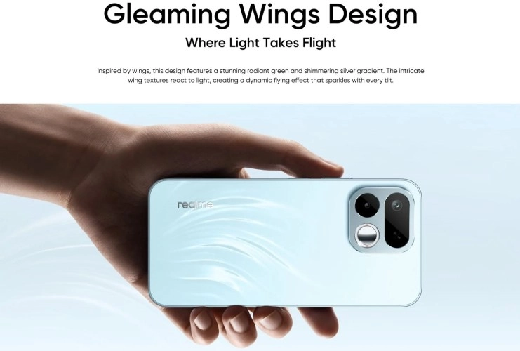 Realme 16T phone with Gleaming Wings design.