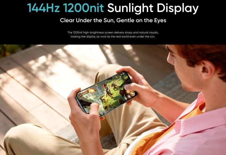 Man plays game on Realme 16T 144Hz display.