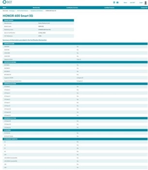 Honor 600 Smart 5G certification details shown