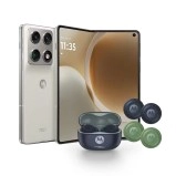 Motorola Razr fold phone and earbuds bundle.