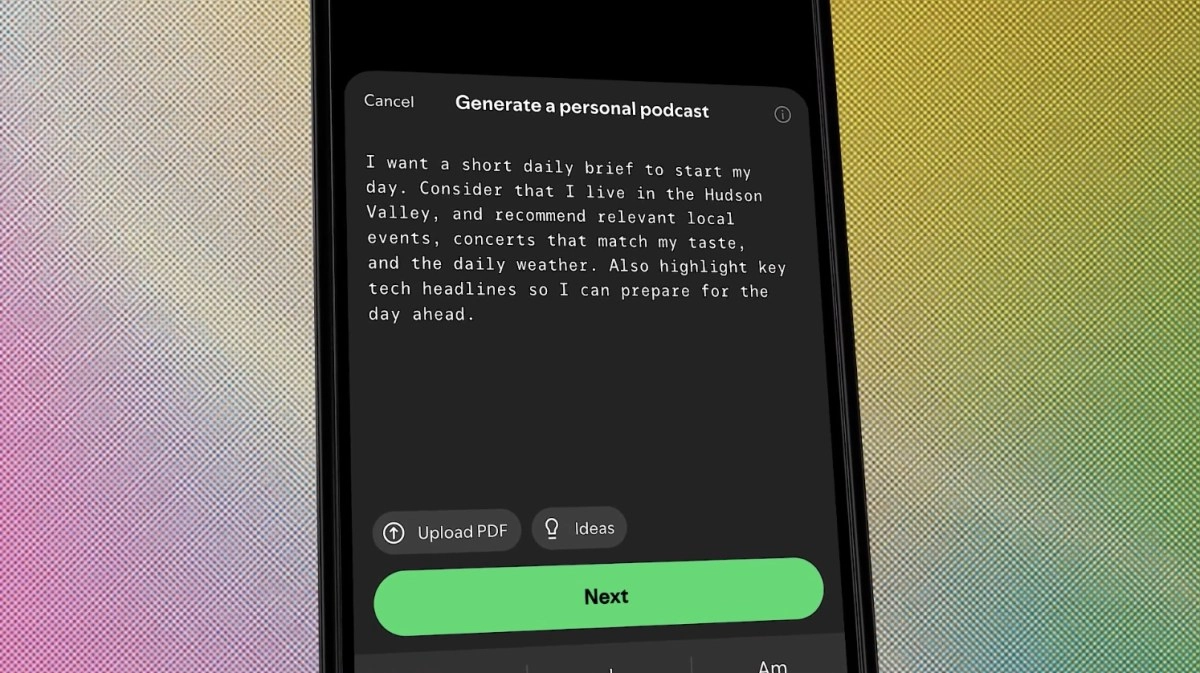 Spotify phone screen generating podcast from text prompt.