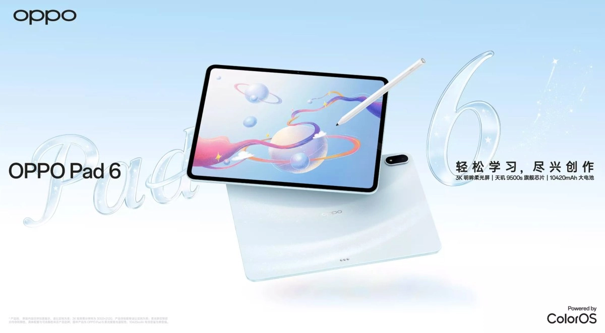 Oppo Pad 6 with stylus and colorful wallpaper.