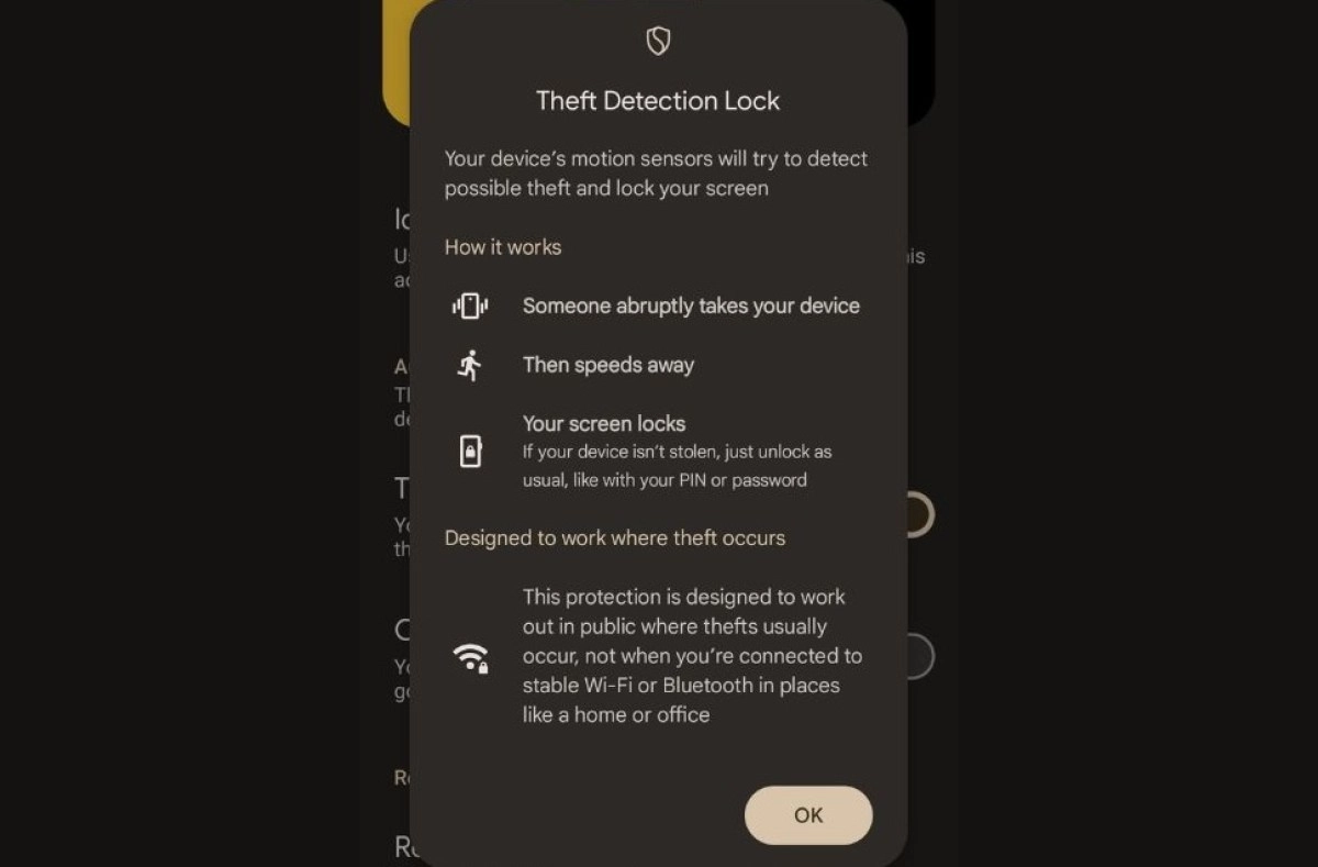 Theft Detection Lock interface on a phone screen.