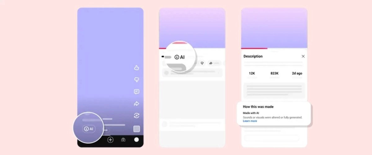 YouTube mobile interface showing AI content labels.