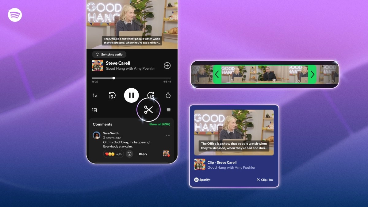 Spotify podcast clip saving and sharing feature.